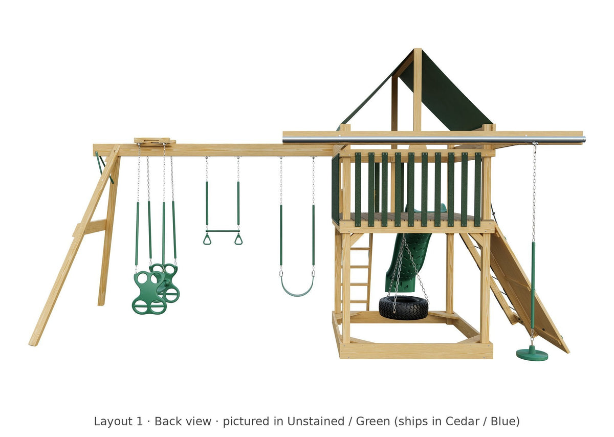 Amish 6x6 Challenger Wooden Swing Set & Playset Kit – Layout 1, back view (shown in Unstained with Green accents)