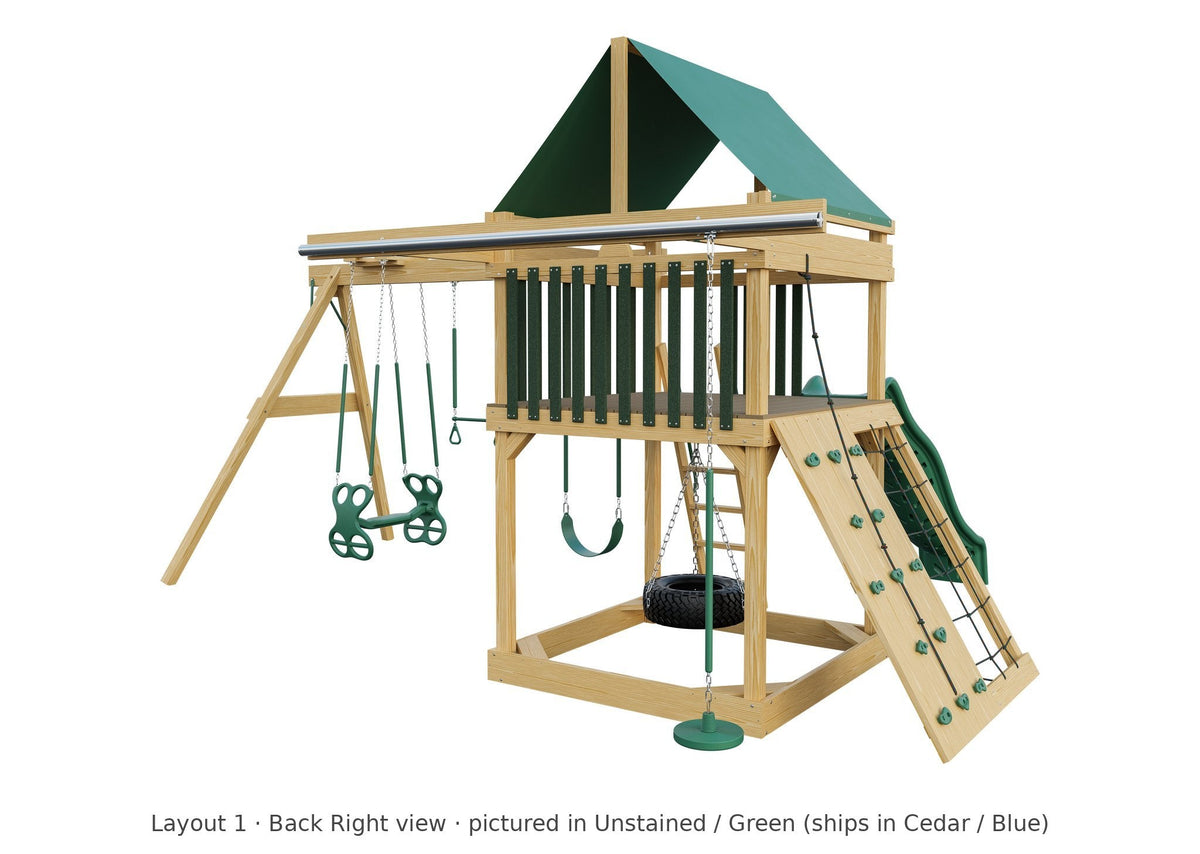 Amish 6x6 Challenger Wooden Swing Set & Playset Kit – Layout 1, back right view (shown in Unstained with Green accents)