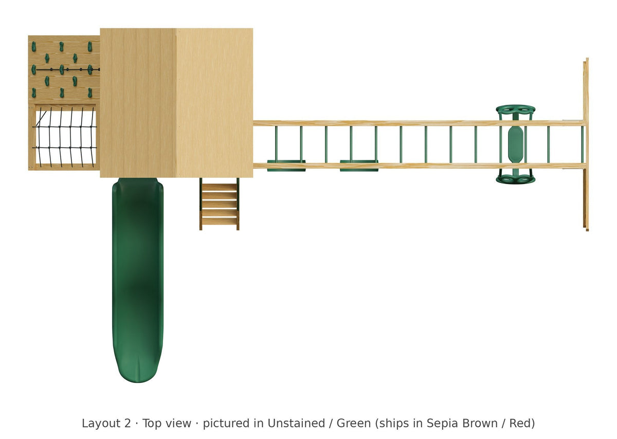 Amish 6x6 Challenger Wooden Swing Set & Playset Kit – Layout 2, top view (shown in Unstained with Green accents)
