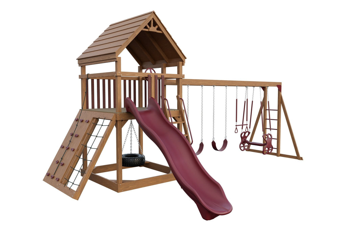 Amish 6x6 Challenger Wooden Swing Set & Playset Kit – Layout 2, Sepia Brown with Red accents