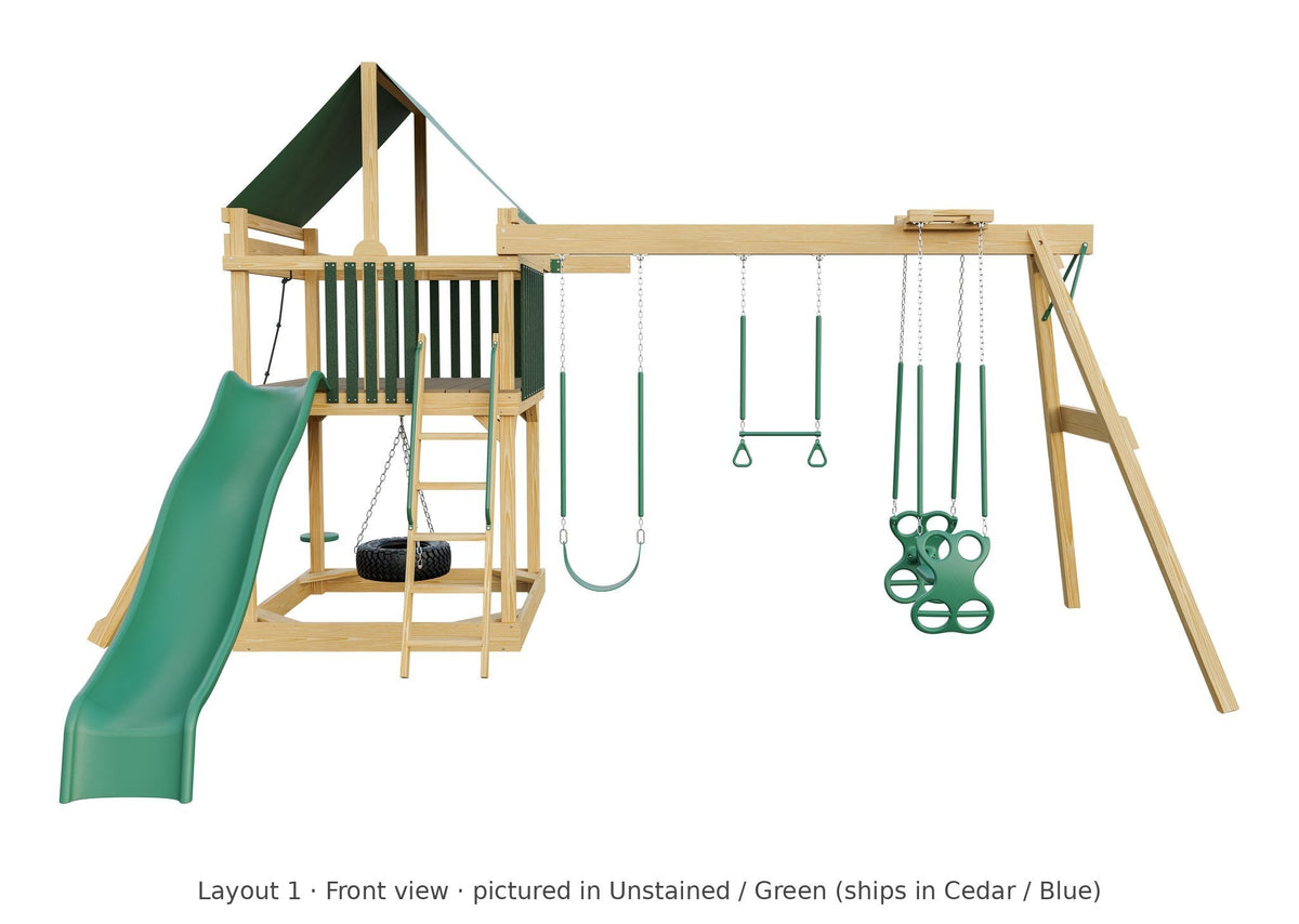 Amish 6x6 Challenger Wooden Swing Set & Playset Kit – Layout 1, front view (shown in Unstained with Green accents)