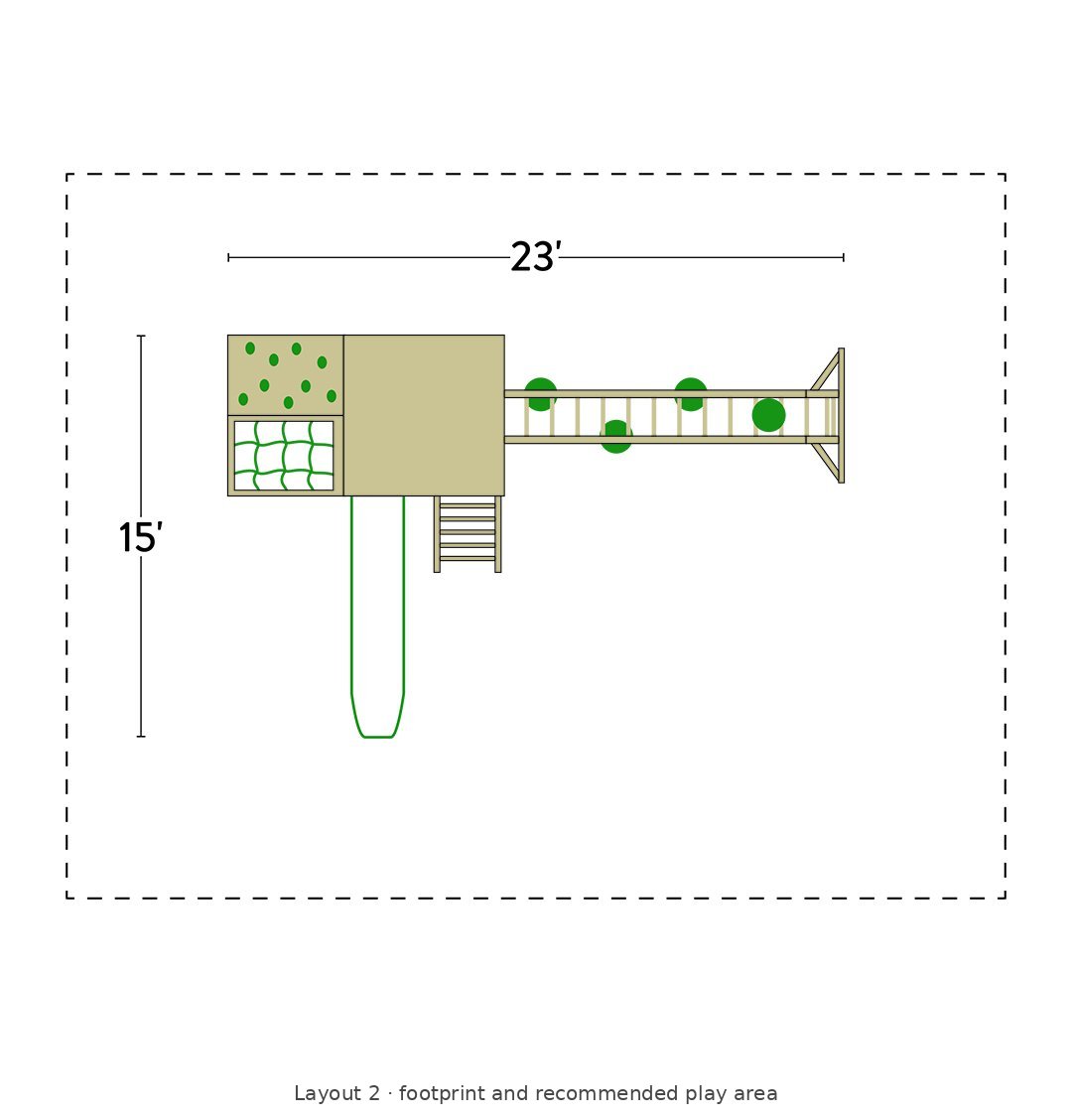 Amish 6x6 Challenger Wooden Swing Set & Playset Kit – Layout 2 footprint and recommended play area diagram