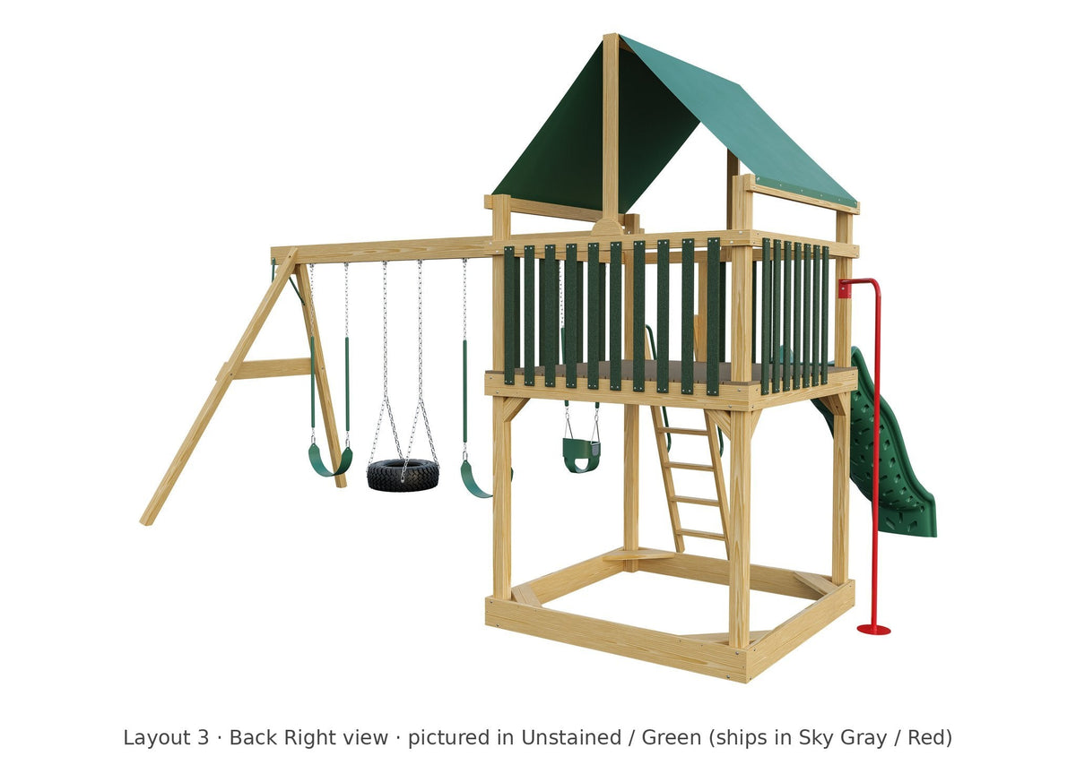 Amish 6x6 Challenger Wooden Swing Set & Playset Kit – Layout 3, back right view (shown in Unstained with Green accents)
