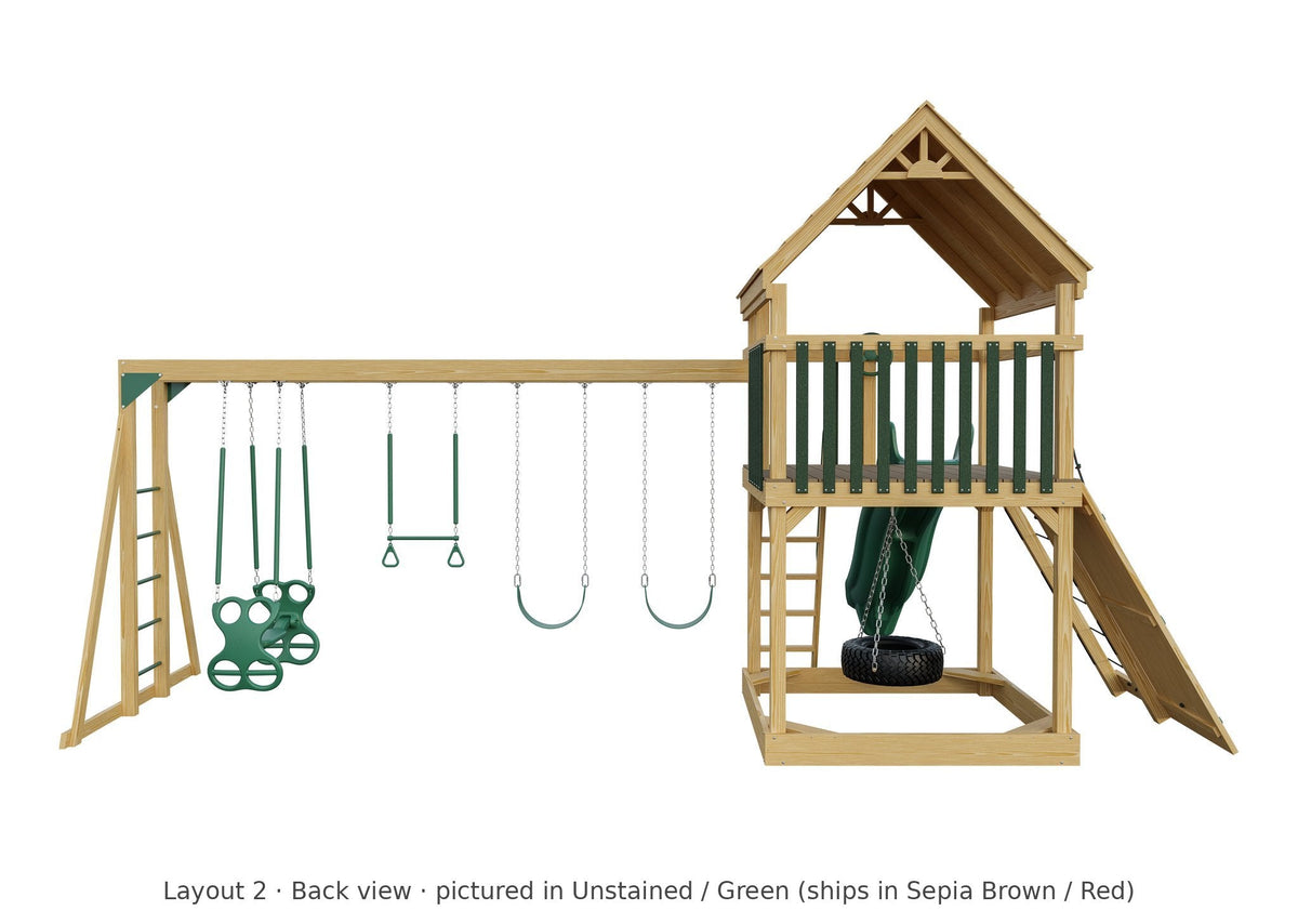 Amish 6x6 Challenger Wooden Swing Set & Playset Kit – Layout 2, back view (shown in Unstained with Green accents)