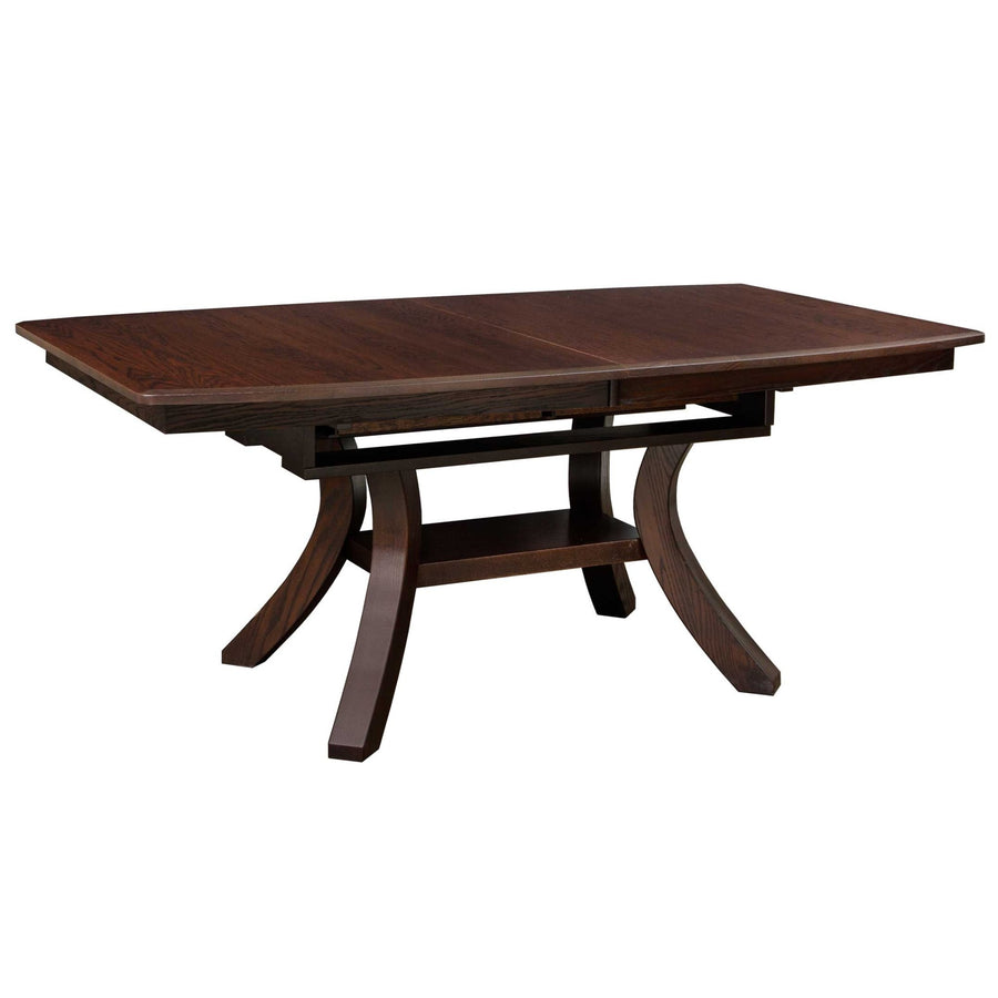 Christy 72 inch butterfly leaf trestle table in dark oak with boat-shaped top, curved trestle base and lower stretcher shelf