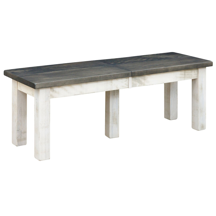 Rustic Alamo dining bench with gray plank seat, whitewashed square legs and a center seam for the extension leaf