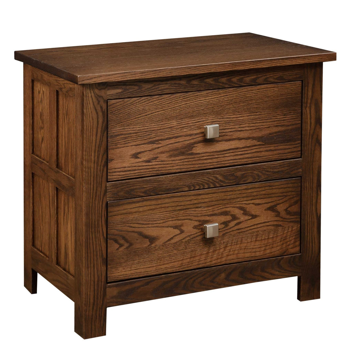 Solid oak nightstand in medium brown with two deep drawers, brushed nickel square knobs and framed panel side
