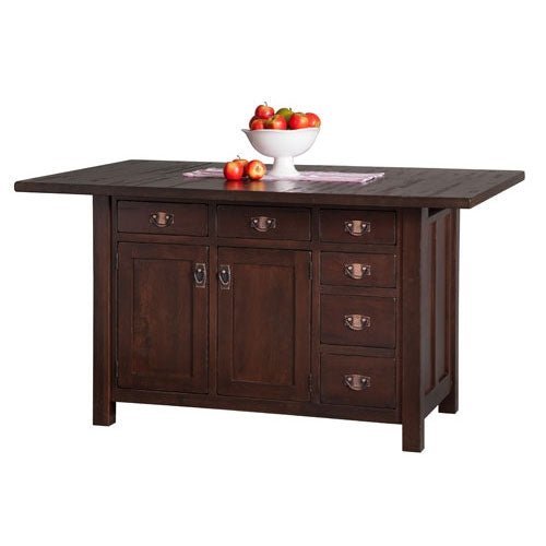 Dark cherry finish kitchen island with six drawers, two doors, bronze bin pulls and apples on the drop leaf top