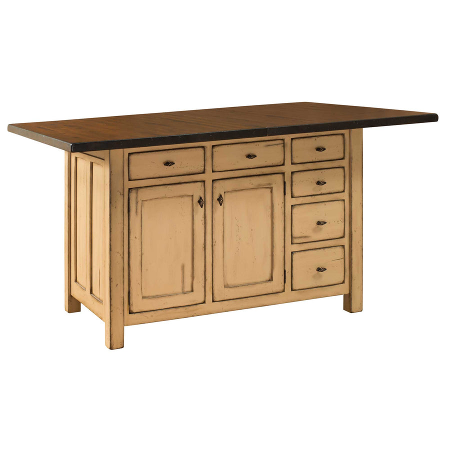 Distressed cream kitchen island with dark plank top, three top drawers, four side drawers and two panel doors