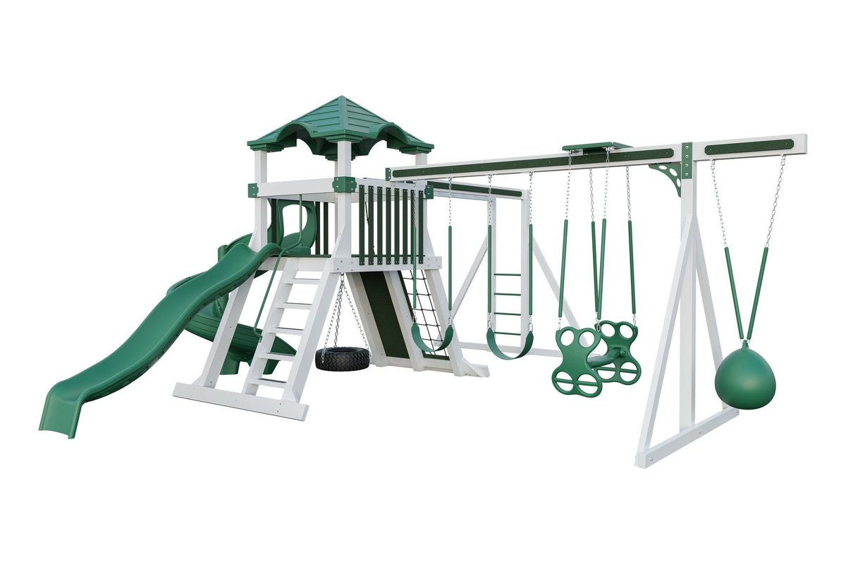 Amish Avalanche Vinyl Playset & Swing Set Kit – Layout 1, White with Green accents