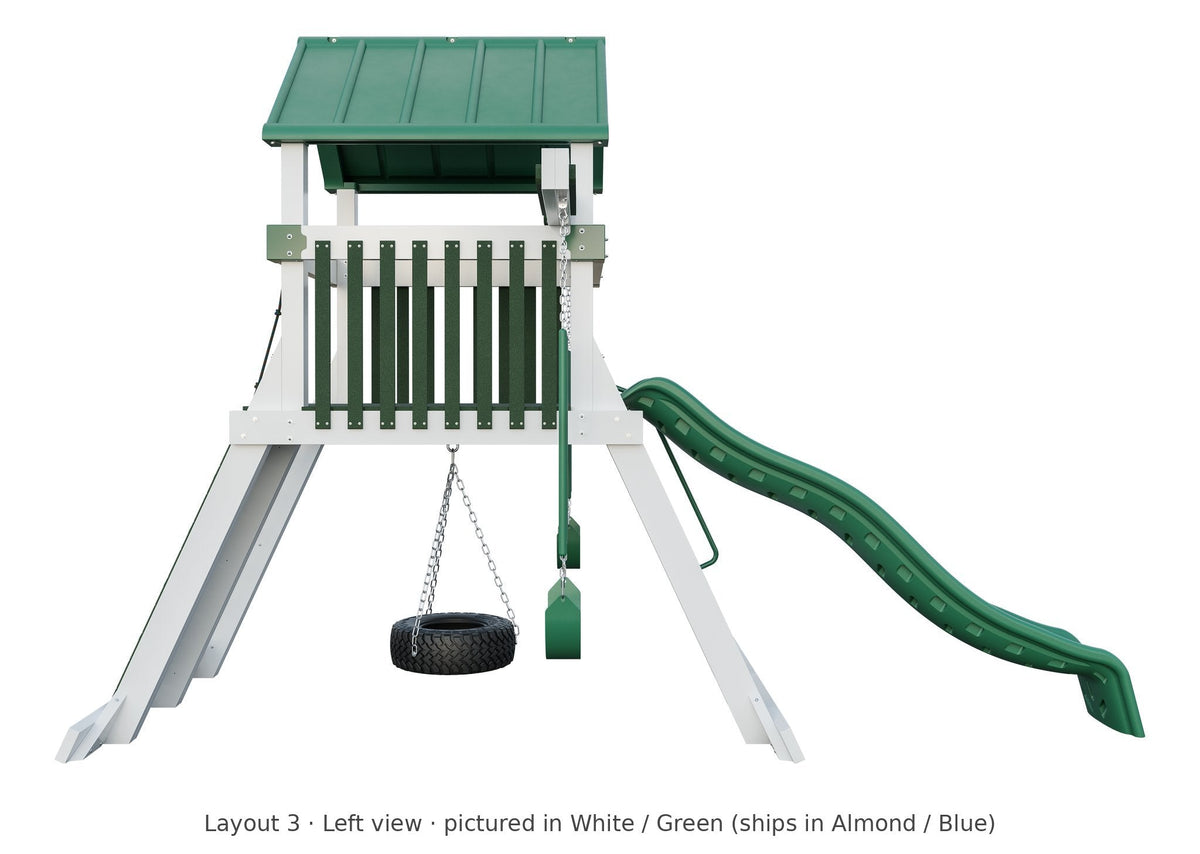 Amish Avalanche Vinyl Playset & Swing Set Kit – Layout 3, left view (shown in White with Green accents)