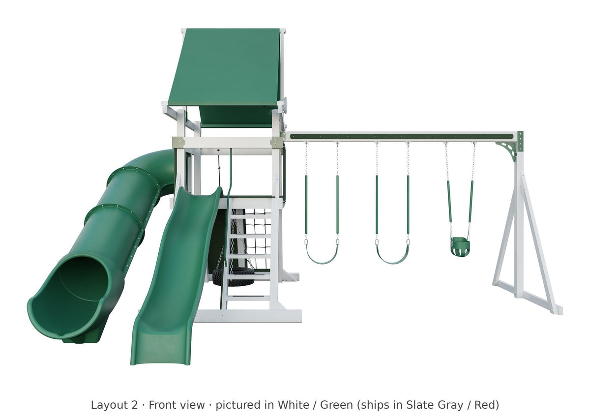 Amish Avalanche Vinyl Playset & Swing Set Kit – Layout 2, front view (shown in White with Green accents)