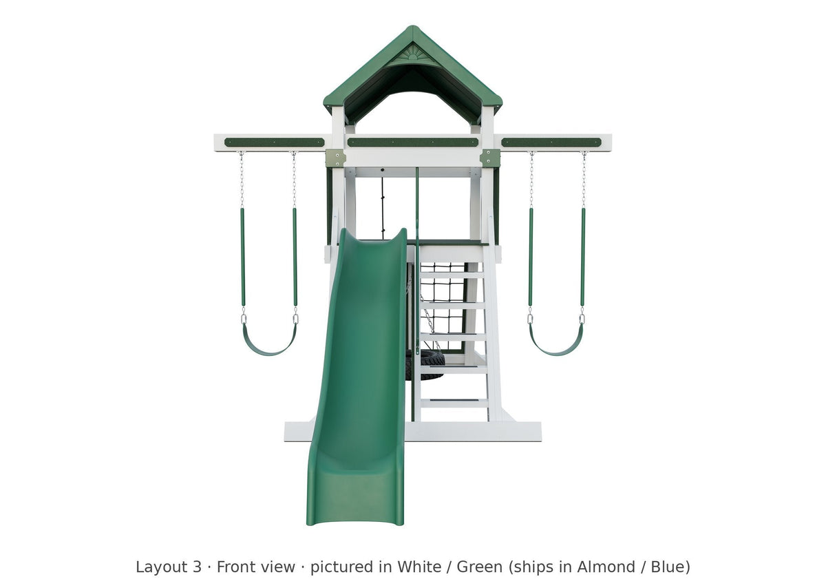 Amish Avalanche Vinyl Playset & Swing Set Kit – Layout 3, front view (shown in White with Green accents)