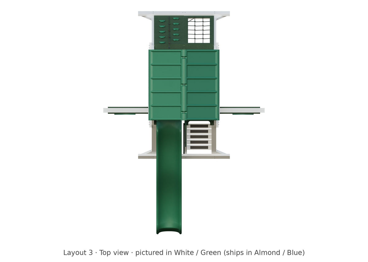 Amish Avalanche Vinyl Playset & Swing Set Kit – Layout 3, top view (shown in White with Green accents)