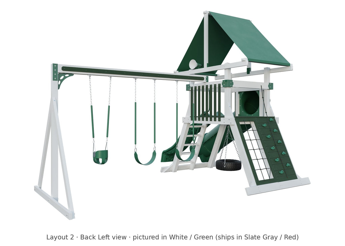 Amish Avalanche Vinyl Playset & Swing Set Kit – Layout 2, back left view (shown in White with Green accents)