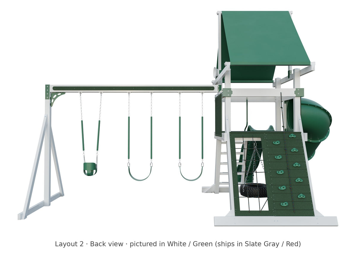 Amish Avalanche Vinyl Playset & Swing Set Kit – Layout 2, back view (shown in White with Green accents)