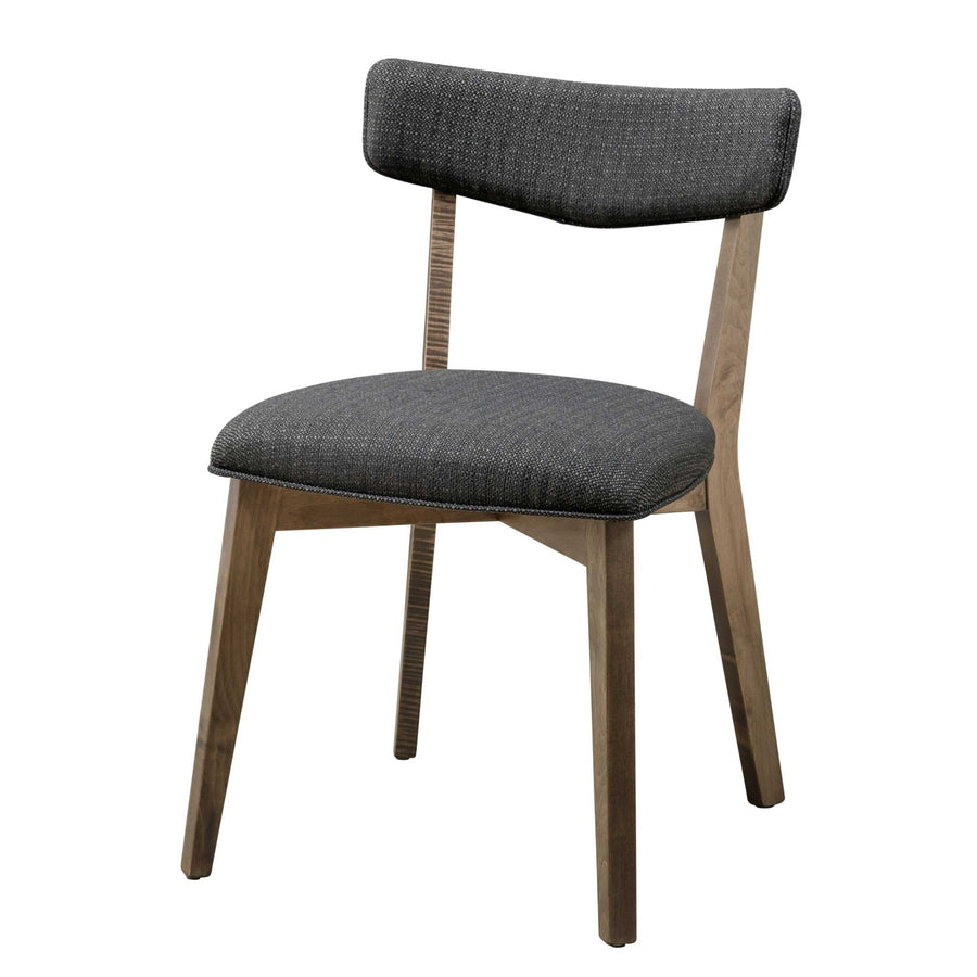 Weathered oak dining chair with a padded charcoal tweed back rest, cushioned seat and splayed legs