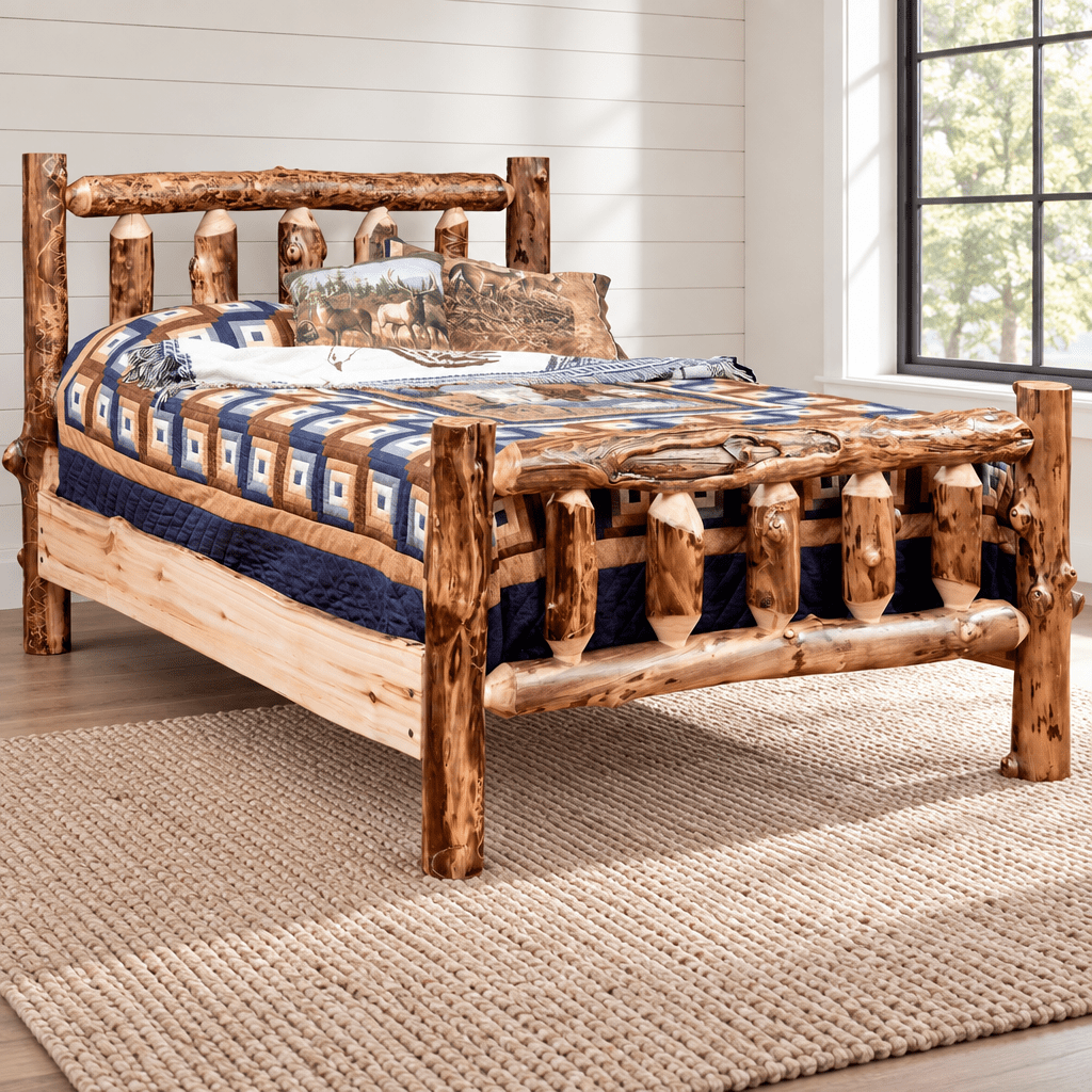 Amish Bighorn Aspen Log 5pc Bedroom Set shown in the bedroom of a modern farmhouse home