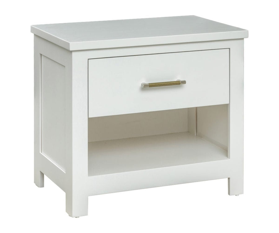Crisp white one drawer nightstand with a brass bar pull, open shelf below and squared corner legs