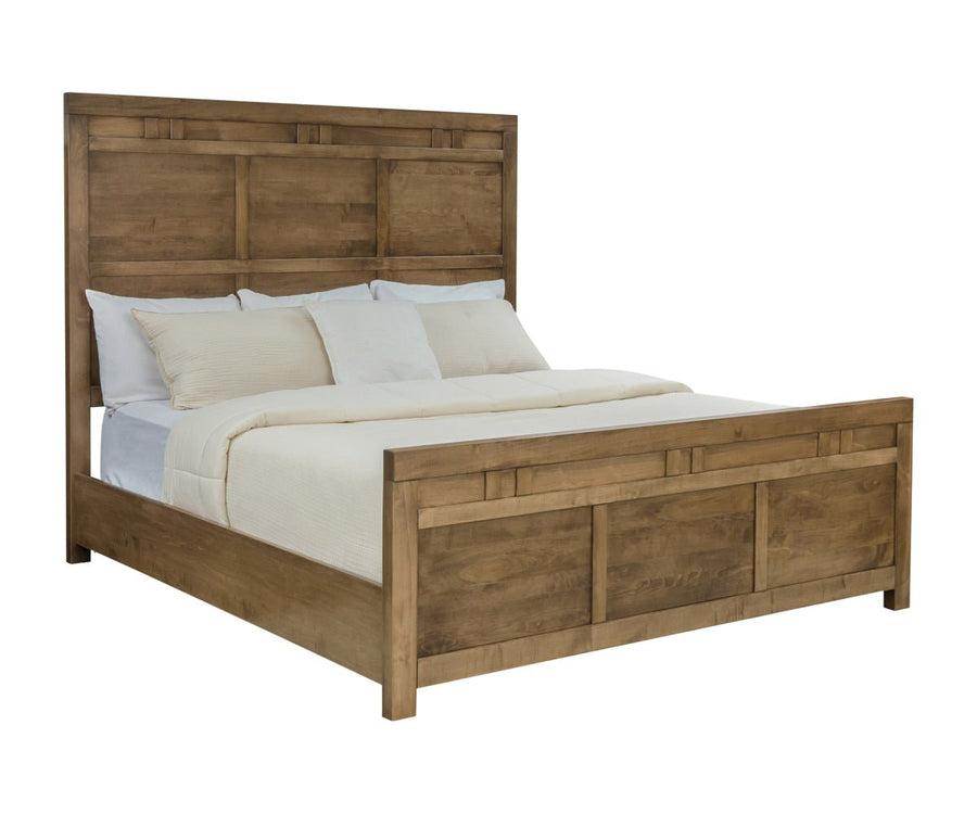 Studio view of the brown maple 66 inch panel bed showing three-panel footboard, square posts and white bedding