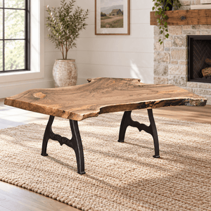 Amish Cast Iron Live Edge Rustic Coffee Table Base shown in the living room of a modern farmhouse home