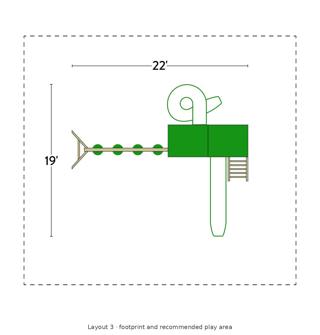 Amish Castle Wooden Swing Set & Playset Kit – Layout 3 footprint and recommended play area diagram