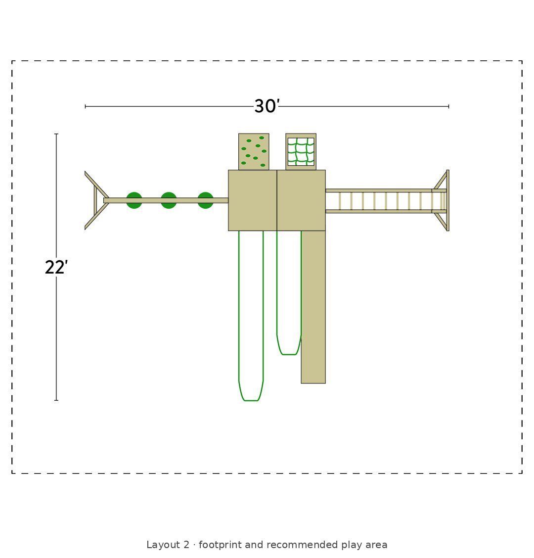 Amish Castle Wooden Swing Set & Playset Kit – Layout 2 footprint and recommended play area diagram