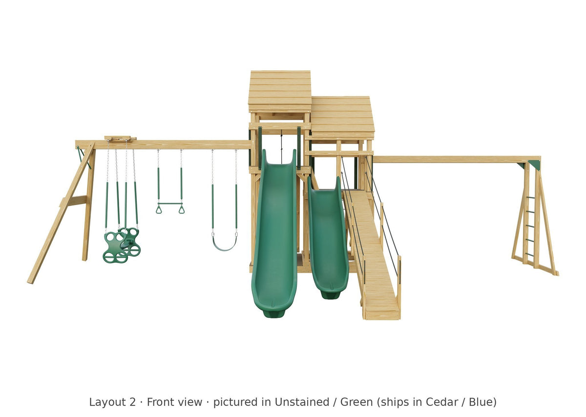 Amish Castle Wooden Swing Set & Playset Kit – Layout 2, front view (shown in Unstained with Green accents)