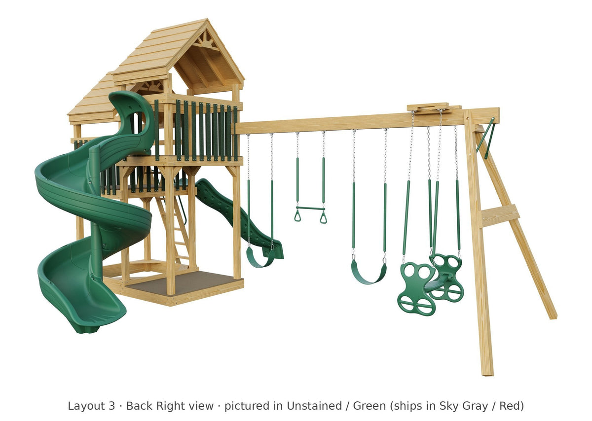 Amish Castle Wooden Swing Set & Playset Kit – Layout 3, back right view (shown in Unstained with Green accents)