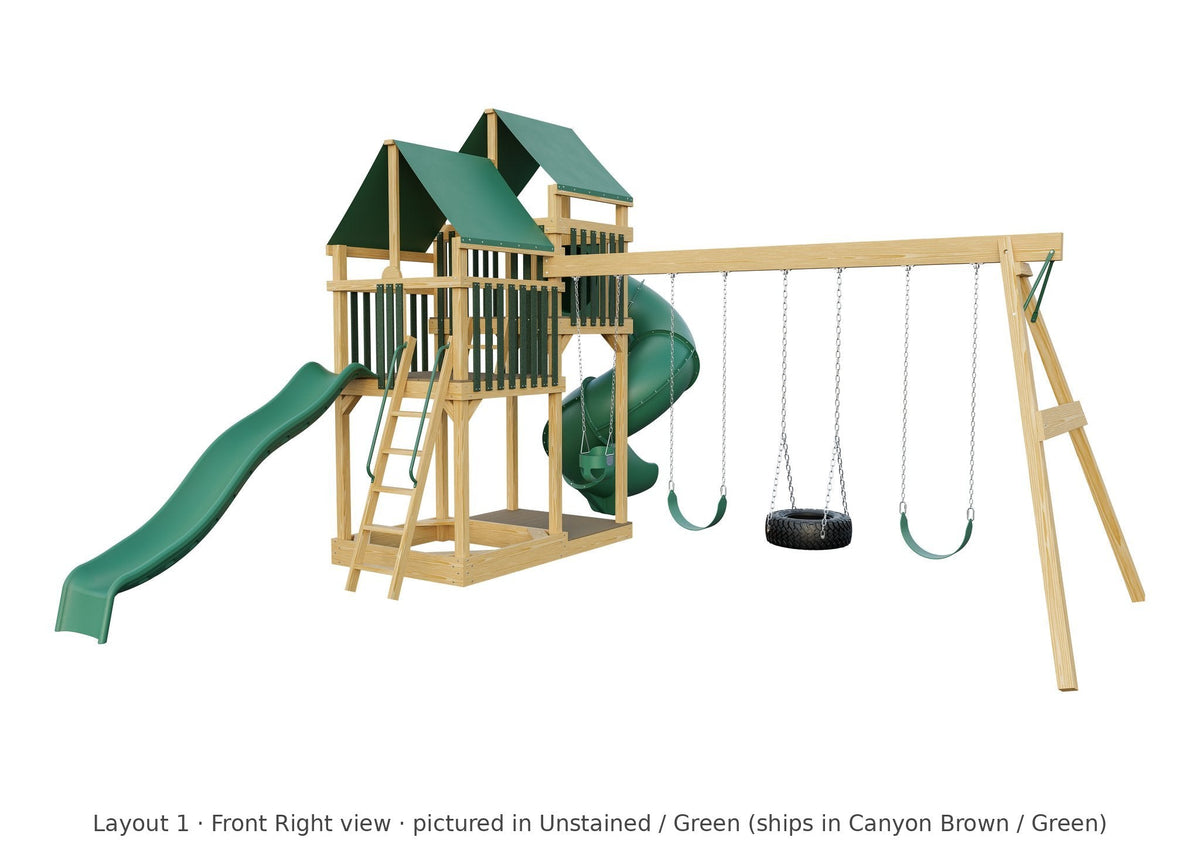 Amish Castle Wooden Swing Set & Playset Kit – Layout 1, front right view (shown in Unstained with Green accents)