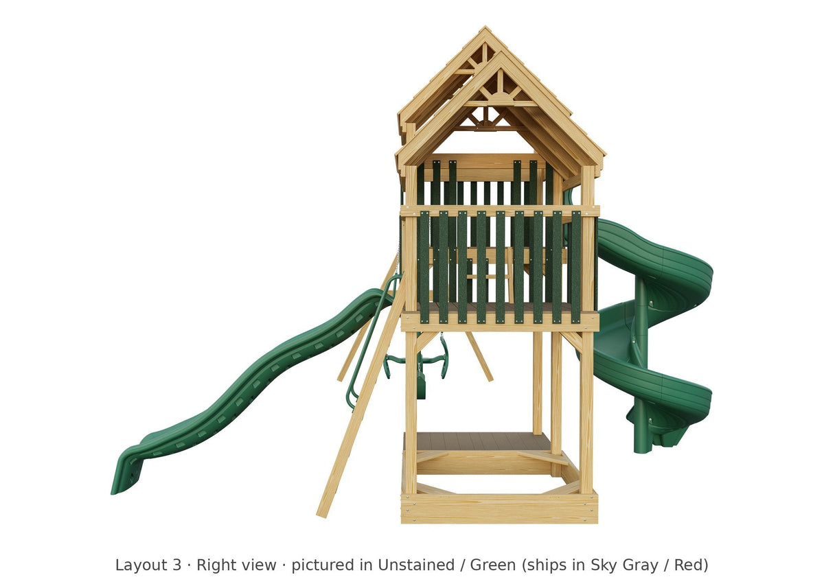 Amish Castle Wooden Swing Set & Playset Kit – Layout 3, right view (shown in Unstained with Green accents)