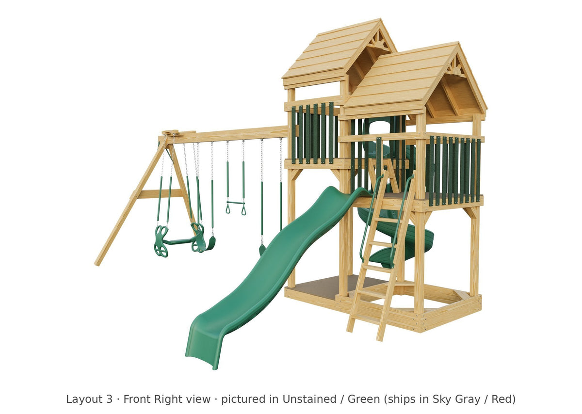 Amish Castle Wooden Swing Set & Playset Kit – Layout 3, front right view (shown in Unstained with Green accents)