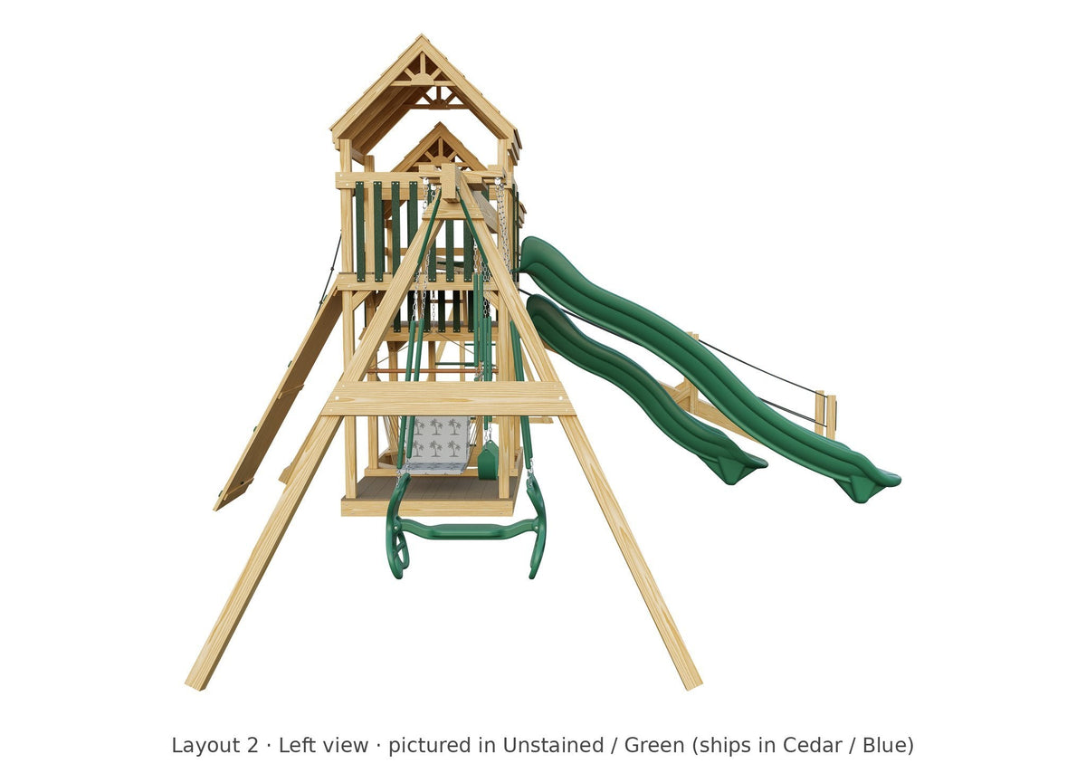 Amish Castle Wooden Swing Set & Playset Kit – Layout 2, left view (shown in Unstained with Green accents)