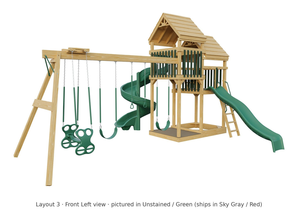 Amish Castle Wooden Swing Set & Playset Kit – Layout 3, front left view (shown in Unstained with Green accents)