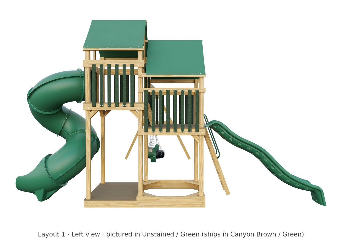 Amish Castle Wooden Swing Set & Playset Kit – Layout 1, left view (shown in Unstained with Green accents)