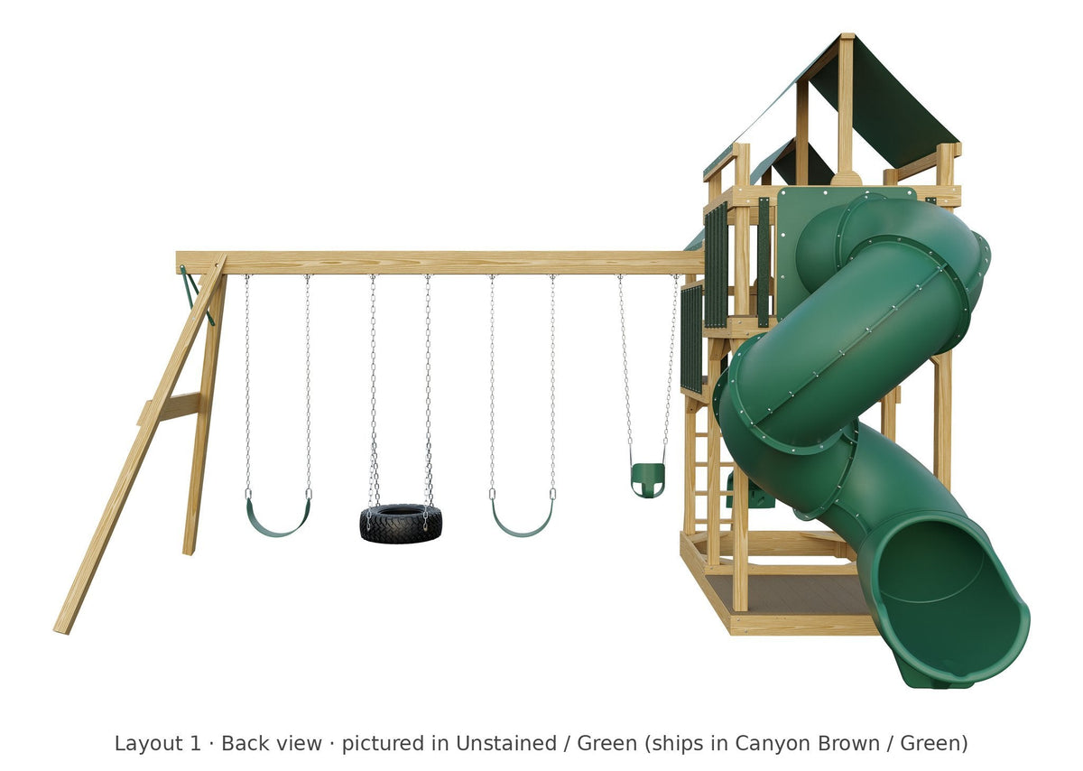 Amish Castle Wooden Swing Set & Playset Kit – Layout 1, back view (shown in Unstained with Green accents)