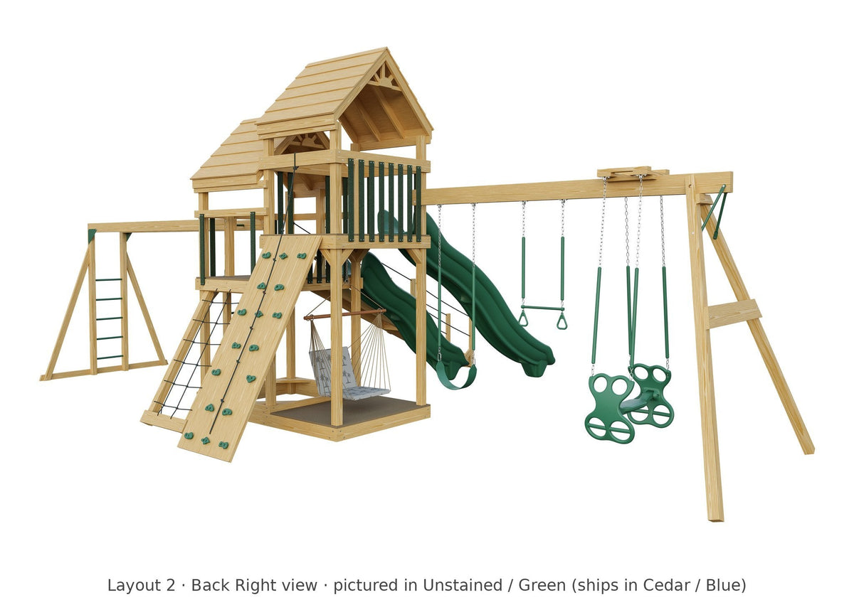 Amish Castle Wooden Swing Set & Playset Kit – Layout 2, back right view (shown in Unstained with Green accents)