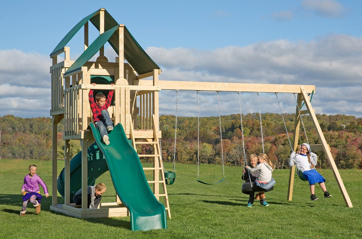 Castle Wooden Swing Set & Playset Kit – real-world photo (configuration and colors may differ from the layouts offered)