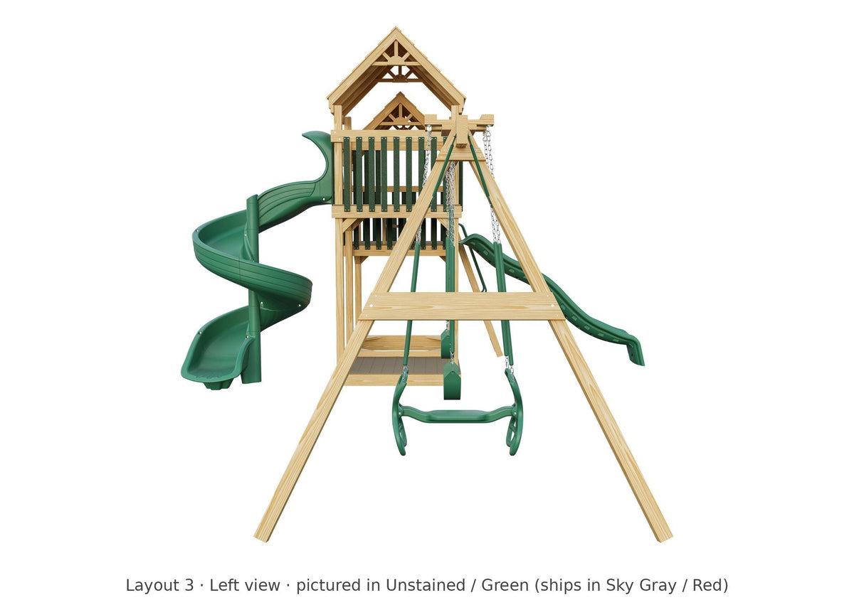 Amish Castle Wooden Swing Set & Playset Kit – Layout 3, left view (shown in Unstained with Green accents)