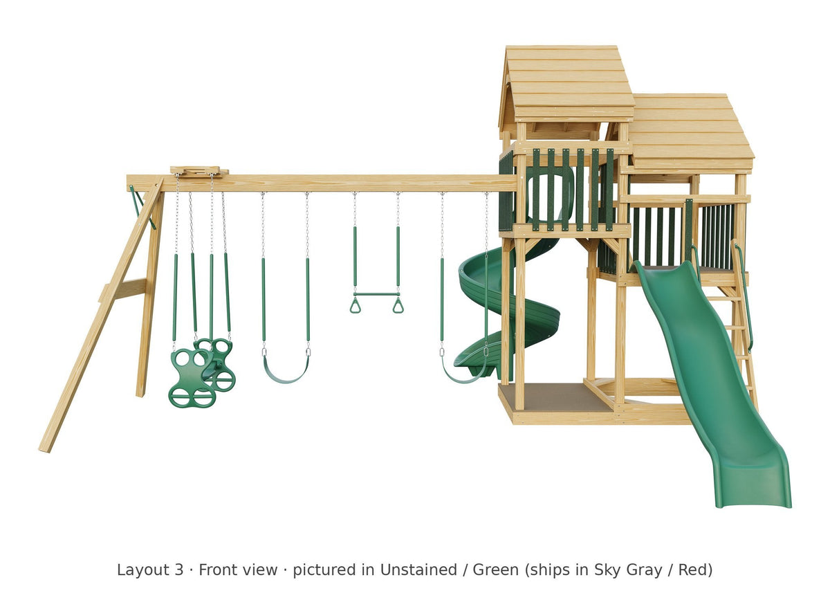 Amish Castle Wooden Swing Set & Playset Kit – Layout 3, front view (shown in Unstained with Green accents)