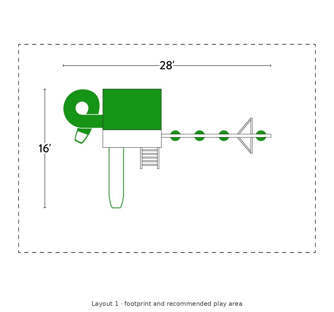 Amish Chapman Vinyl Playset & Swing Set Kit – Layout 1 footprint and recommended play area diagram