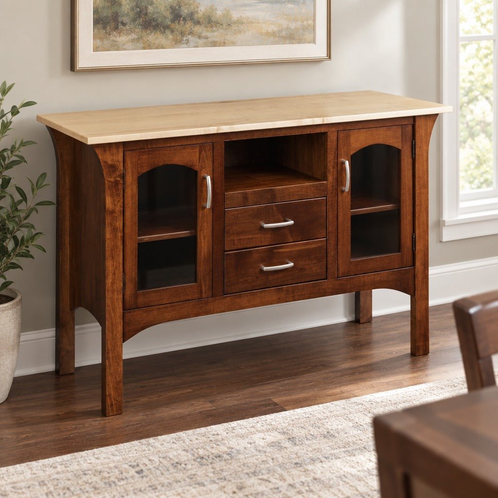Amish Charm Transitional Solid Wood Dining Server with Glass Doors