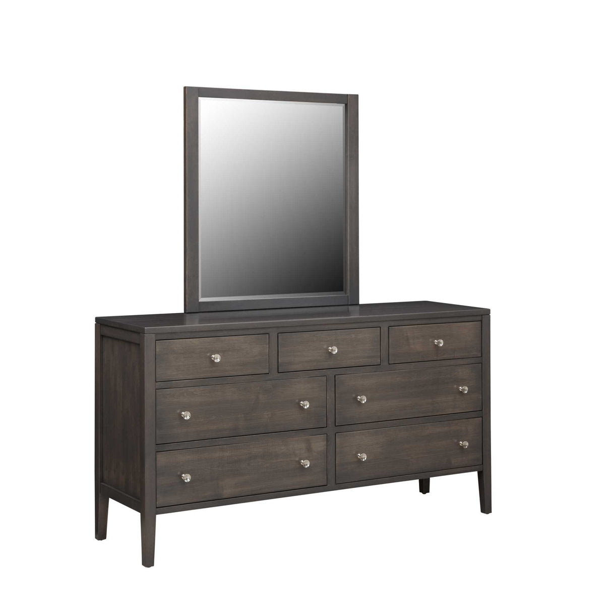Seven drawer dresser in charcoal with faceted glass knobs, square mirror and tapered legs on white background