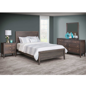 Four piece modern bedroom set in dark gray wood with panel bed, nightstand and mirrored dresser on gray floors