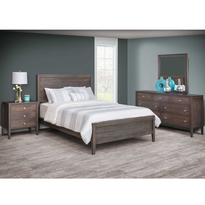 Four piece modern bedroom set in dark gray wood with panel bed, nightstand and mirrored dresser on gray floors