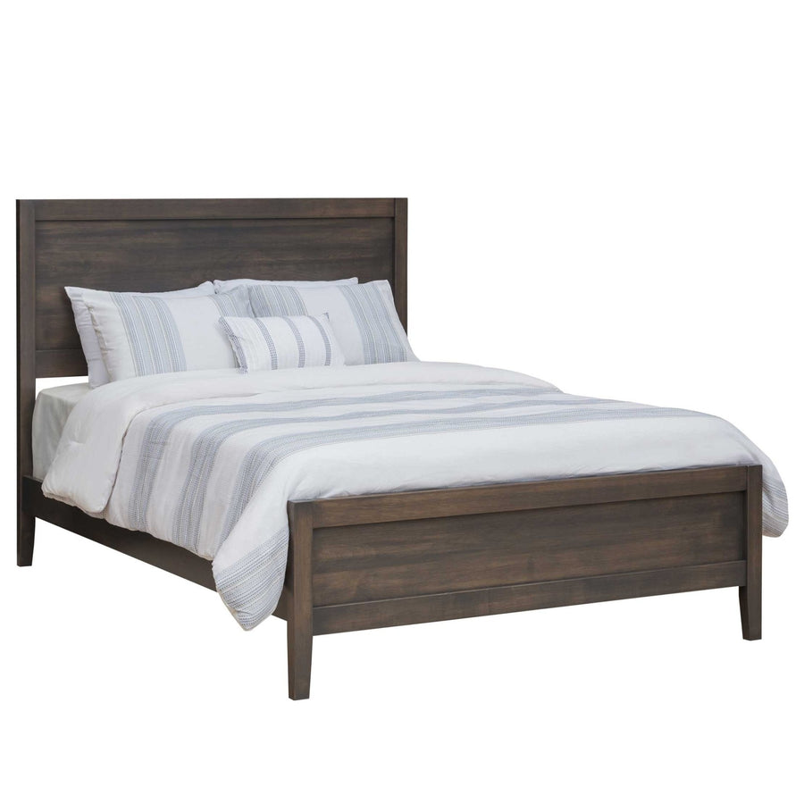 Modern dark gray brown panel bed with a plank headboard, low footboard and tapered legs with striped bedding