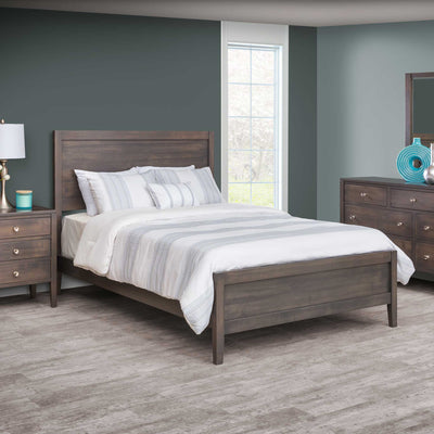 Gray brown plank headboard panel bed with striped bedding, nightstand and dresser in a teal walled bedroom