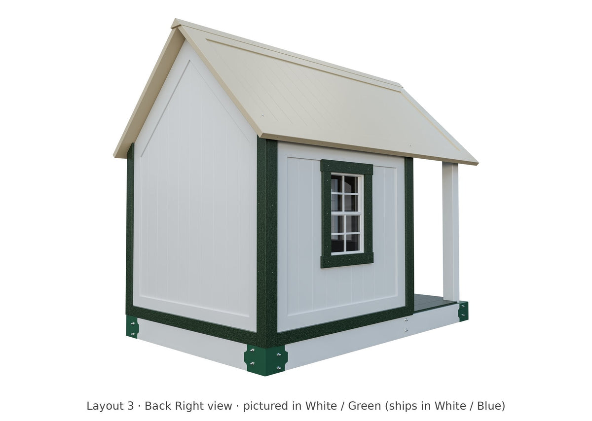 Amish Churchill Vinyl Playset & Swing Set Kit – Layout 3, back right view (shown in White with Green accents)