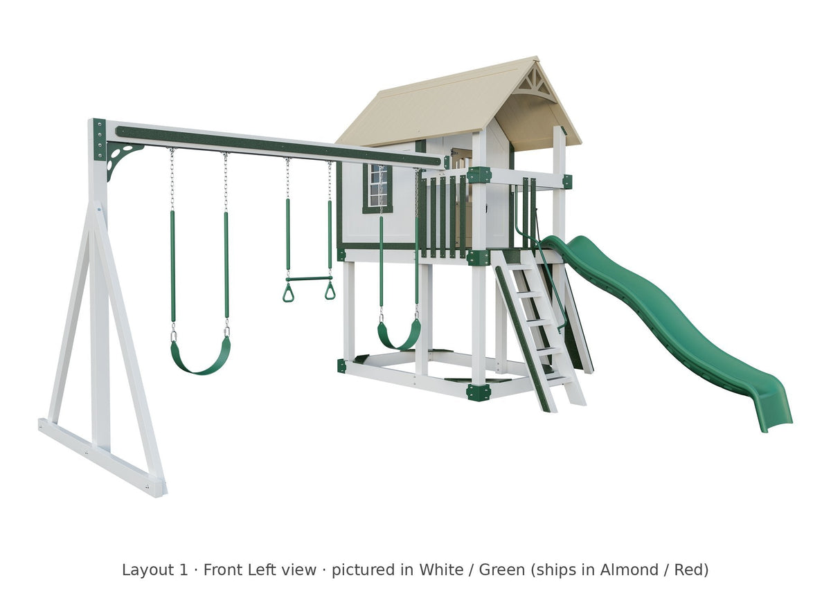 Amish Churchill Vinyl Playset & Swing Set Kit – Layout 1, front left view (shown in White with Green accents)