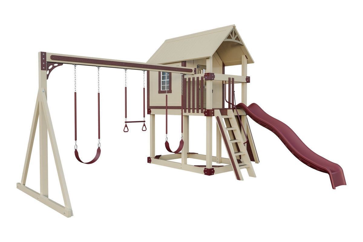 Amish Churchill Vinyl Playset & Swing Set Kit – Layout 1, Almond with Red accents